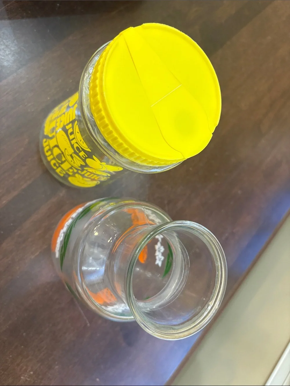 Anchor Hocking lemon and Orange Printed Glass Juice Bottles